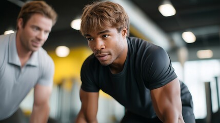 A fitness trainer teaching correct deadlift form, guiding a client on maintaining a neutral spine with slow, controlled motion — safe strength training, injury prevention, and proper biomechanics.