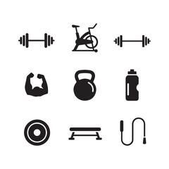 Silhouette Set of Gym Equipment, Fitness Gear, and Workout Icons.