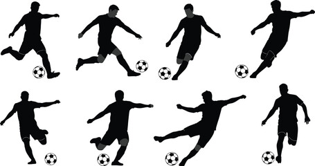Professional Soccer Player Vector Silhouettes Set with Dynamic Kicking, Shooting, and Passing Poses for Sport Event Graphics and Team Logos.