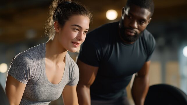 A fitness trainer teaching correct deadlift form, guiding a client on maintaining a neutral spine with slow, controlled motion — safe strength training, injury prevention, and proper biomechanics. - Powered by Adobe
