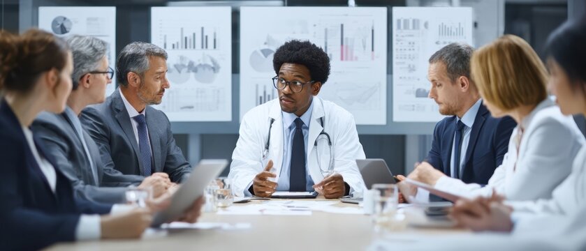 The doctor leading a multidisciplinary team meeting in a modern conference room