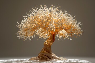 Illuminated miniature tree sculpture with delicate branches and warm amber glow on a reflective surface