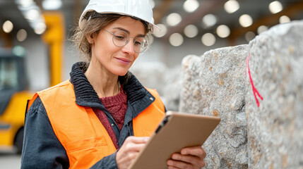 Quality control inspector with clipboard examining large rock samples in an industrial warehouse setting