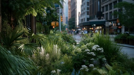 Obraz premium A green infrastructure proposal showing a simulated city street transformed with rain gardens, permeable pavements, and tree canopies — climate-resilient design, urban sustainability solutions, and