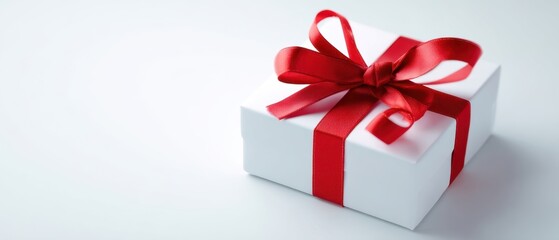 Obraz premium The Gift Box with Red Satin Ribbon on Minimal White Background for Celebrations