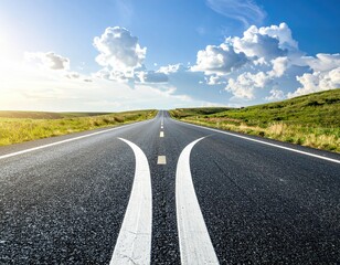 Forking asphalt road stretches into horizon under cloudy sky