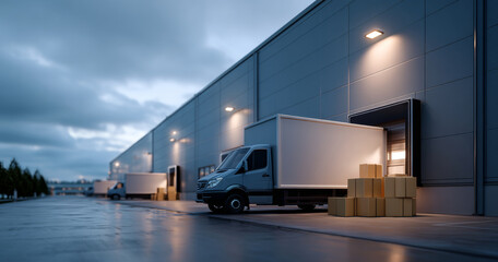 Delivery trucks parked at loading docks of a modern warehouse during early morning with stacked cardboard boxes and wet pavement under cloudy sky
