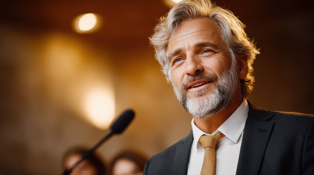 Senior male professor lecturing at podium in conference room with audience in background