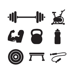 Silhouette Set of Gym Equipment, Fitness Gear, and Workout Icons.