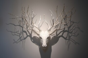 Ethereal antlers illuminated by a soft light casting dramatic shadows on a textured wall