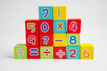 Number wood block cubes for learning Mathematic, education math.