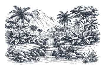 Detailed black and white vector featuring a tropical landscape with mountains, palm trees, and cascading waterfalls, illustrated in engraving style for prints and nature themes. © Chairul