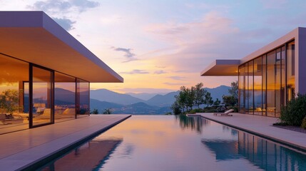 Modern Luxury House at Sunset Overlooking Scenic Mountain View