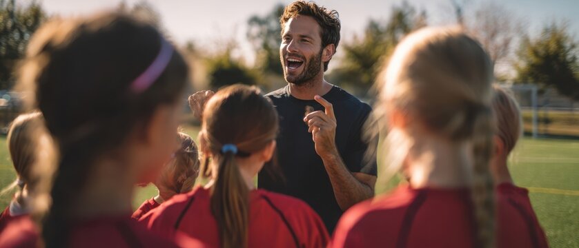 The coach rallying a youth girls soccer team with enthusiasm on sunlit practice field - Powered by Adobe