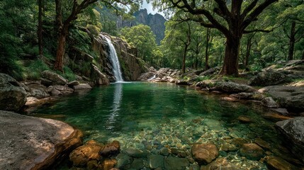 Serene Waterfall Pool in a Lush Forest