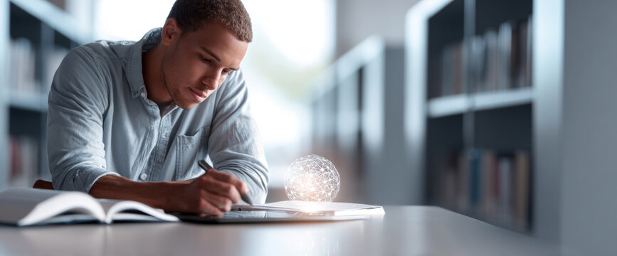 Young man studying in a modern library with digital network hologram representing technology and innovation - Powered by Adobe