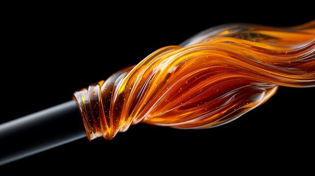 Molten glass gather on pipe with orange glow