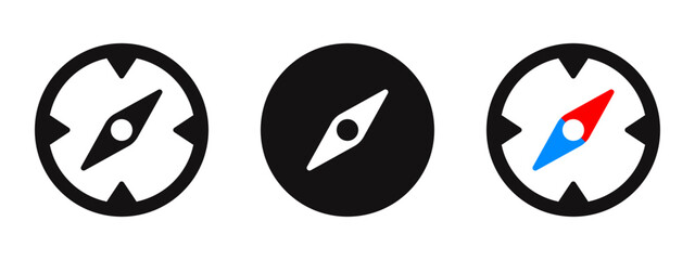 Compass icon set for direction and navigation. Vector illustration of magnetic compasses in outline, solid, and red/blue needle styles.