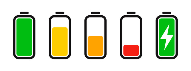 Set of power and battery status icons. Includes power buttons, battery levels full, low, charging.
