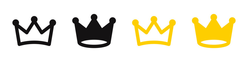 Crown icon set symbolizing royalty, luxury, and success. Vector illustration of crowns in outline, solid black, and gold styles.