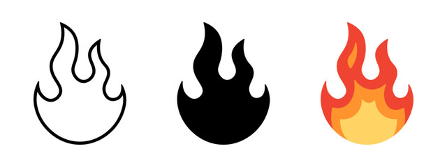 Fire icon set representing heat, energy, and danger. Vector illustration of flames in outline, solid black, and orange styles. © drawing lines