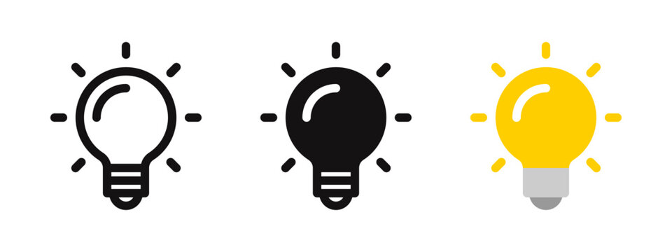 Light bulb icon set representing ideas, innovation, and creativity. Vector illustration of lamps in outline, solid black, and yellow styles.