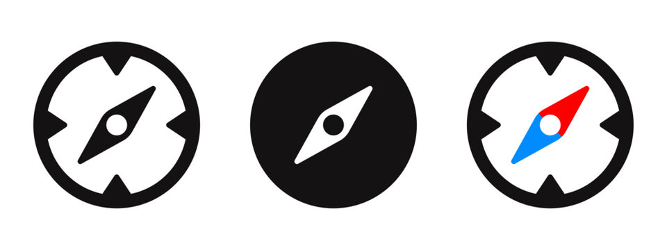 Compass icon set for direction and navigation. Vector illustration of magnetic compasses in outline, solid, and red/blue needle styles.