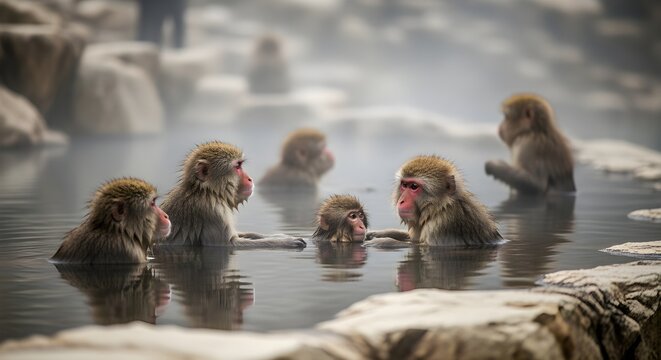 Group of Japanese snow monkeys soaking in a steaming hot spring surrounded by rocks and mist, red faces relaxed as they huddle together against the cold, revealing tender social bonds in a unique wint