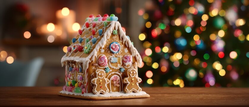 The Gingerbread House on Wooden Table with Festive Christmas Tree Bokeh Background