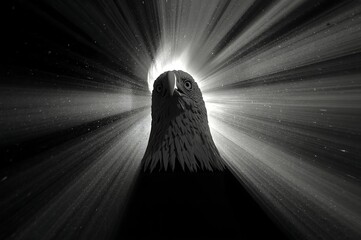 Dramatic black and white image of a bird s head silhouetted against bright streaking light rays