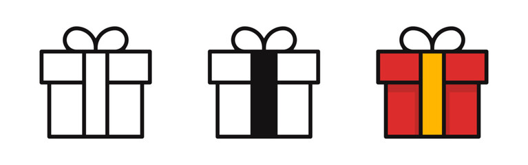 Gift box icon set for holidays, birthdays, and celebrations. Vector illustration of presents with bows in outline, solid, and red/gold styles.