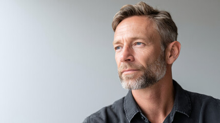 Fototapeta premium Portrait of thoughtful mature man with beard looking away against neutral background in casual shirt