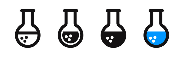 Chemical flask icon set for science and laboratory concepts. Vector illustration of round bottom flasks in outline, solid, and blue liquid styles.
