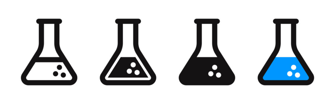 Chemistry beaker icon set for laboratory research and education. Vector illustration of conical flasks in outline, filled, and colored styles.