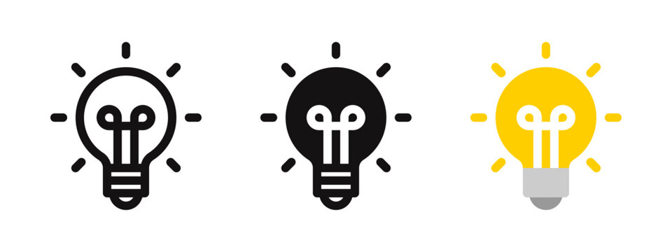 Light bulb icon set representing ideas, innovation, and creativity. Vector illustration of lamps in outline, solid black, and yellow styles.