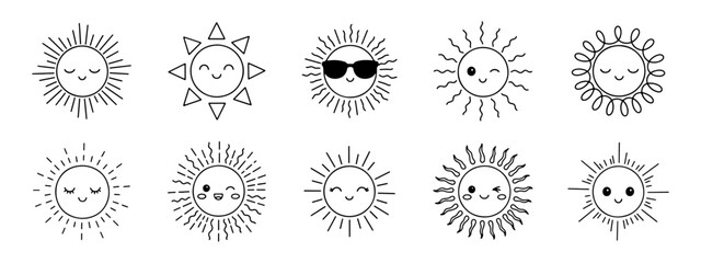 Adorable set of kawaii sun icons featuring cute smiling faces, winking expressions, and sunglasses in line art.