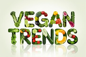 Discover vibrant vegan trends with colorful vegetables and fruits creatively arranged, a fresh concept for healthy eating promotions and lifestyle branding