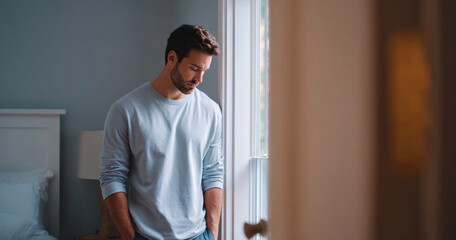 Young man standing pensively by a window in a softly lit bedroom with casual clothing and a contemplative expression