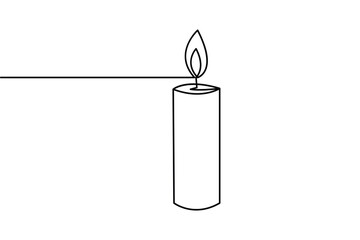 Minimalist one line art drawing of a lit candle on white background illustration