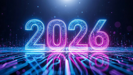 Neon glowing 2026 numbers with digital circuit patterns and vibrant blue and purple light reflections on a futuristic tech background, symbolizing innovation and the future.