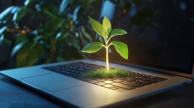 Green Plant Growing from Laptop Keyboard in Modern Workspace