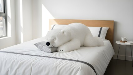 Sweet dreams await with this adorable polar bear plushie napping peacefully in a clean, modern bedroom with bright natural light, radiating peace and tranquility