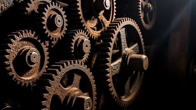 Watch aged rusty gears intricately interlock showing the relentless passage of time