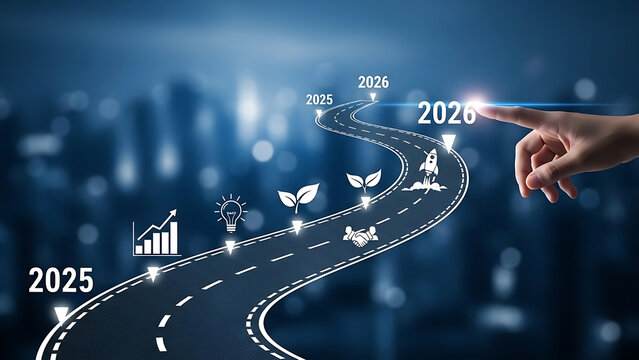 Business roadmap for growth and future success, charting progress with strategic milestones, innovation, and partnership goals towards 2026 vision.