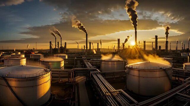 Dynamic aerial view of oil refinery with dramatic sky at sunset, industrial complex