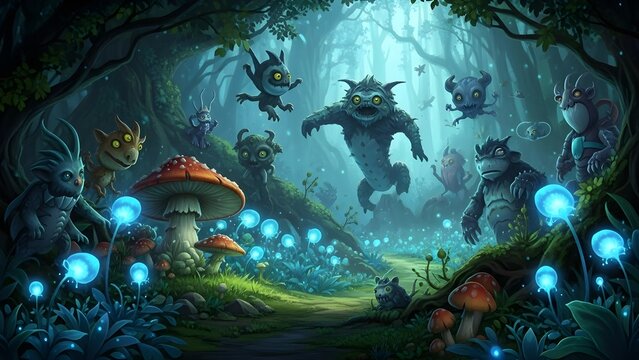 Enchanting forest scene with whimsical creatures and glowing flora, perfect for fantasy projects, children's books, or magical themed designs, creating a sense of wonder - Powered by Adobe