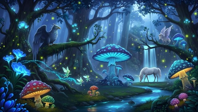 Enchanted forest scene with glowing mushrooms, eagle, fairies and unicorns creating a magical, dreamy atmosphere perfect for children's books and fantasy art