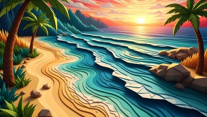 Dreamy tropical beach sunset with palm trees and turquoise waves, evoking a sense of tranquil paradise and summer vacation vibes for travel and relaxation