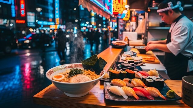 Experience authentic Tokyo street food with vibrant ramen and sushi under neon lights, a taste of Japan's culinary culture and nightlife.