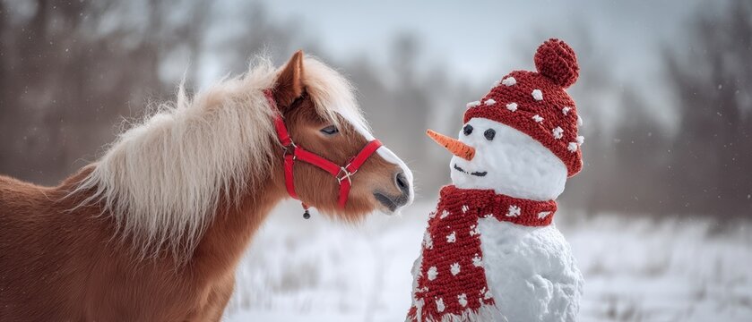 The Horse and Snowman Meeting in a Snowy Winter Field with Festive Accessories